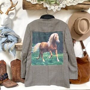 Houndstooth with Horse Print wool boho blazer equestrian farmhouse vibe
